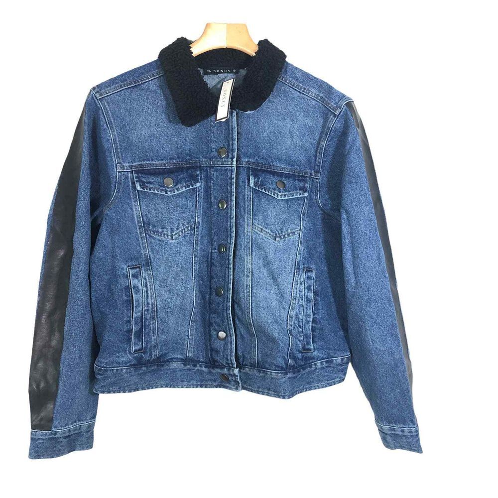 Soncy Women's PLUS SZ 6 (30) Teddy Collar Jean Jacket‎ Decorative Stripe